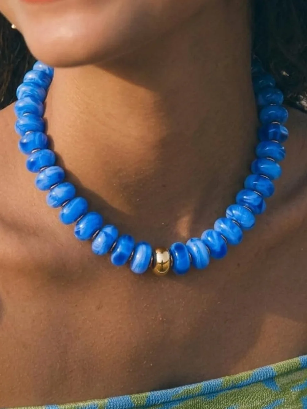 Blue Beaded Necklace with Gold Accent